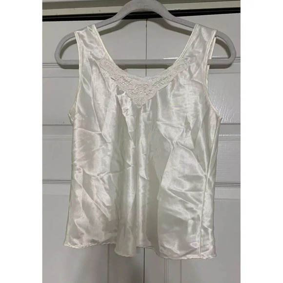 Vintage Escapades Ivory Silky Satin Cami Tank Top Applique Lace Medium (Q43) - Picture 4 of 8